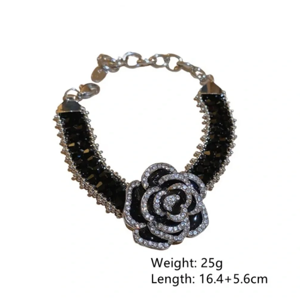 🌟 Gorgeous Black Rhinestone Two Tone Camellia Bracelet - Picture 5 of 5
